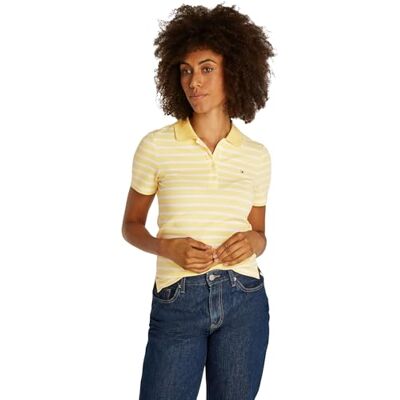 Tommy Hilfiger Kortärmad pikétröja för kvinnor, Gul (Citronella/Ecru Stp), XS Tommy Hilfiger Kortärmad pikétröja för kvinnor, Gul (Citronella/Ecru Stp), XS