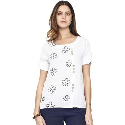 Bonateks Dam 100% linne tunika tillverkad i Italien, broderat rent linne skjorta och framknappar, vit, storlek: L, Vitt och blått, L Bonateks Dam 100% linne tunika tillverkad i Italien, broderat rent linne skjorta och framknappar, vit, storlek: L, Vitt och blått, L
