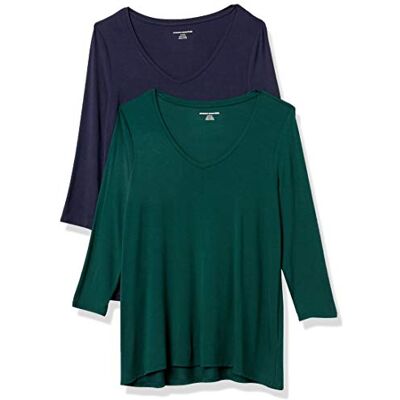 Amazon Essentials Women's V-ringad Swing T-shirt med kvartsärmar (finns i plusstorlek), Pack of 2, Marinblå/Jadegrön, L Amazon Essentials Women's V-ringad Swing T-shirt med kvartsärmar (finns i plusstorlek), Pack of 2, Marinblå/Jadegrön, L