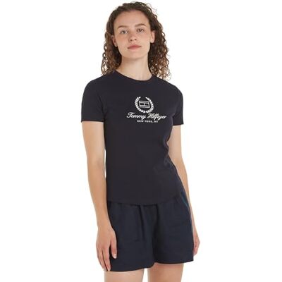 Tommy Hilfiger kortärmad t-shirt för kvinnor smal flagga t-shirt rund hals, Blå (ökenhimmel), XXS Tommy Hilfiger kortärmad t-shirt för kvinnor smal flagga t-shirt rund hals, Blå (ökenhimmel), XXS