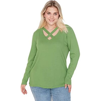 Trendyol Dam plus size normal basic v-hals stickat plusstorlek tröja, gRÖN, 3XL stor Trendyol Dam plus size normal basic v-hals stickat plusstorlek tröja, gRÖN, 3XL stor