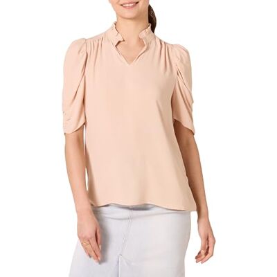 Amazon Essentials dam lätt Georgette halvärm volang hals vävd blus, rosa, Small Amazon Essentials dam lätt Georgette halvärm volang hals vävd blus, rosa, Small