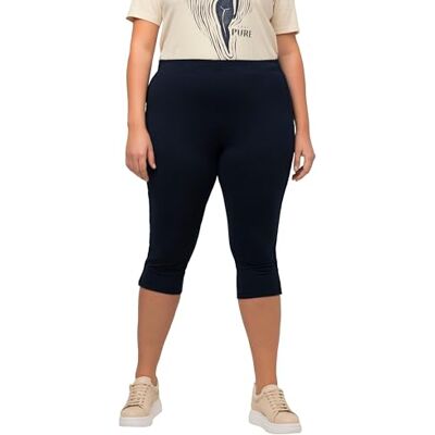 Ulla Popken Capri-leggings för kvinnor av ekologisk bomull, spetaccent, elastisk midja byxor, Marinblå, 35W Ulla Popken Capri-leggings för kvinnor av ekologisk bomull, spetaccent, elastisk midja byxor, Marinblå, 35W