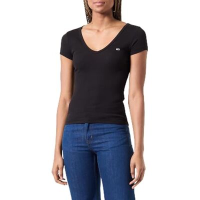 Tommy Jeans dam TJW Slim Essential Rib V SS DW0DW17385BDS001 andra toppar, svart (svart), XXS, svart (svart), XXS Tommy Jeans dam TJW Slim Essential Rib V SS DW0DW17385BDS001 andra toppar, svart (svart), XXS, svart (svart), XXS
