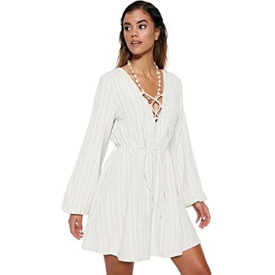 Trendyol Dam mini smock klänning normal passform stickad klänning, Ecru, 38, Ecru, 64 SE Trendyol Dam mini smock klänning normal passform stickad klänning, Ecru, 38, Ecru, 64 SE