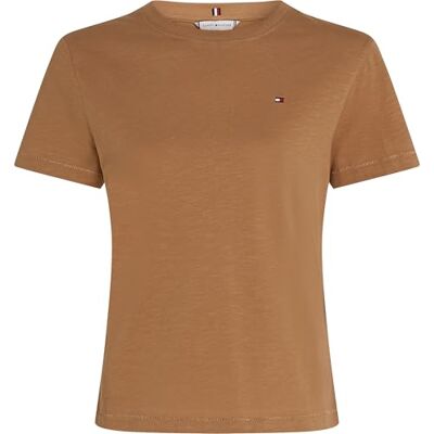 Tommy Hilfiger Dam SLUB REG C-NK SS WW0WW44433, Khaki, XXS, Kaki (safari duk), XXS Tommy Hilfiger Dam SLUB REG C-NK SS WW0WW44433, Khaki, XXS, Kaki (safari duk), XXS
