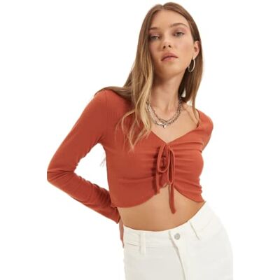 Trendyol Dam smal bodycon v-hals stickad blus, Kakel röd, S Trendyol Dam smal bodycon v-hals stickad blus, Kakel röd, S