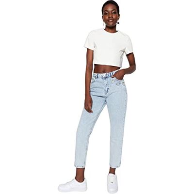Trendyol Dam hög midja raka ben mamma jeans, Ljusblått, 64 SE Trendyol Dam hög midja raka ben mamma jeans, Ljusblått, 64 SE