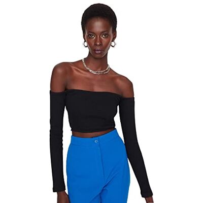 Trendyol Dam smal passform bas Carmen krage stickad blus, svart, S, Svart, S Trendyol Dam smal passform bas Carmen krage stickad blus, svart, S, Svart, S
