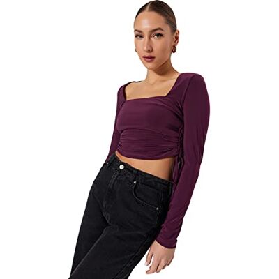 Trendyol Dam figursydd fyrkantig krage stickad blus, Lila, S Trendyol Dam figursydd fyrkantig krage stickad blus, Lila, S