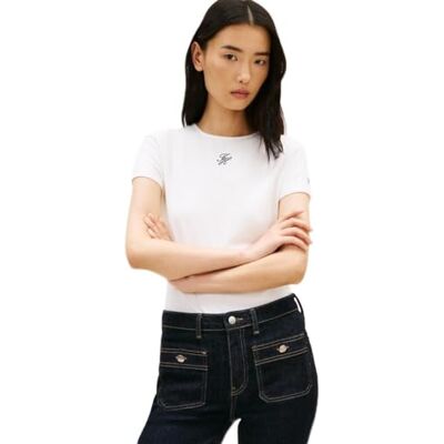 Tommy Hilfiger Dam Th Script Slim Ss Tee WW0WW48710, vit, L Tommy Hilfiger Dam Th Script Slim Ss Tee WW0WW48710, vit, L