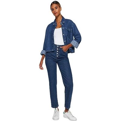 Trendyol dam rak mamma hög midja jeans, Mörkblå, 32 SE Trendyol dam rak mamma hög midja jeans, Mörkblå, 32 SE