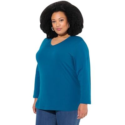 Ulla Popken damer stora storlekar överdimensionerade plus size skjorta, V-hals, avslappnad, långärmad, Blågrön, 46-48 Ulla Popken damer stora storlekar överdimensionerade plus size skjorta, V-hals, avslappnad, långärmad, Blågrön, 46-48