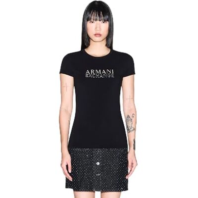 Giorgio Armani dam Salin de Giraud, silverlogotyp bokstäver t-shirt, svart, XS Giorgio Armani dam Salin de Giraud, silverlogotyp bokstäver t-shirt, svart, XS