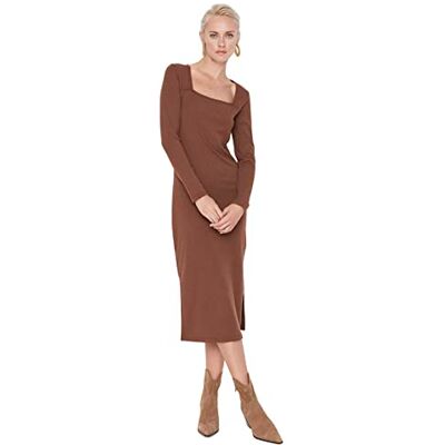 Trendyol Dam Dam mini stickad klänning rund hals tröja klänning, BRUN, L Trendyol Dam Dam mini stickad klänning rund hals tröja klänning, BRUN, L