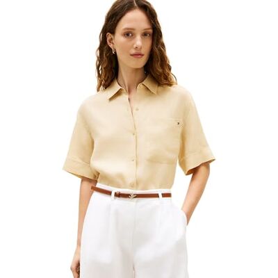 Tommy Hilfiger kvinnors Ess linne Ss skjorta WW0WW48925, beige, L Tommy Hilfiger kvinnors Ess linne Ss skjorta WW0WW48925, beige, L