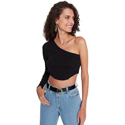 Trendyol Dam smal bas båthals stickad blus, Svart, S Trendyol Dam smal bas båthals stickad blus, Svart, S