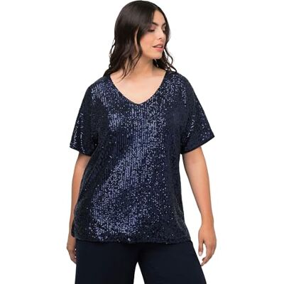 Ulla Popken dam paljettskjorta med vikta ärmar T-shirt, marinblå, 58/60 Ulla Popken dam paljettskjorta med vikta ärmar T-shirt, marinblå, 58/60