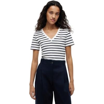 Tommy Hilfiger Dam Slim Cody V-NK SS WW0WW40584 S/S t-shirt, vit, XS, Vit (reton/ecu/mörk natt marinblå), XS Tommy Hilfiger Dam Slim Cody V-NK SS WW0WW40584 S/S t-shirt, vit, XS, Vit (reton/ecu/mörk natt marinblå), XS