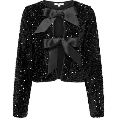 ONLY Onlanika Sequins Ls Bow Top WVN Cs, svart, S ONLY Onlanika Sequins Ls Bow Top WVN Cs, svart, S