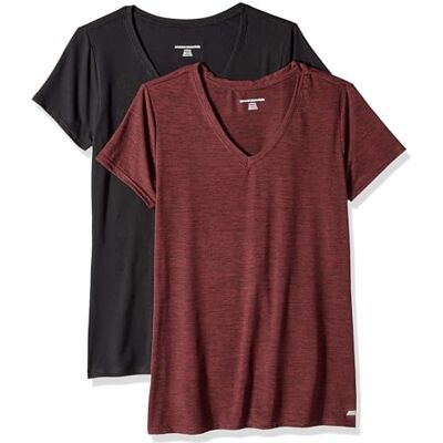 Amazon Essentials Dames Tech stretchig kortärmad V-ringad T-shirt (finns i plusstorlek), 2-Pack, Svart/Vinröd Rymdfärg, S Amazon Essentials Dames Tech stretchig kortärmad V-ringad T-shirt (finns i plusstorlek), 2-Pack, Svart/Vinröd Rymdfärg, S