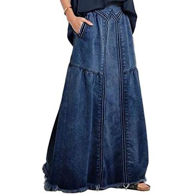 ebossy Dam vardaglig elastisk midja sliten fåll A-linje sliten hippie lång maxi denimkjol, Mörkblått, XXL ebossy Dam vardaglig elastisk midja sliten fåll A-linje sliten hippie lång maxi denimkjol, Mörkblått, XXL