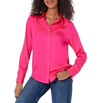 Amazon Essentials kvinnors Classic-Fit satin button down-blus (finns i plusstorlek), neonrosa, Small Amazon Essentials kvinnors Classic-Fit satin button down-blus (finns i plusstorlek), neonrosa, Small
