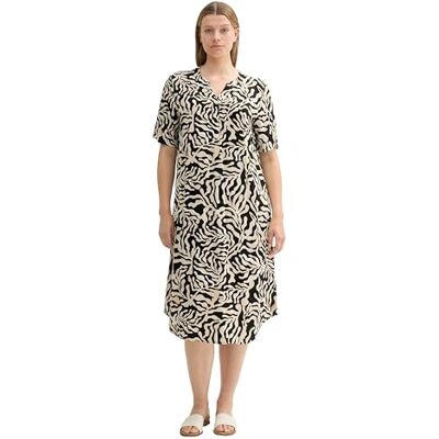 TOM TAILOR Dam Plussize Basic kortärmad klänning med heltäckande tryck, svart skärning palmtree design, 46, 35305 – svart skuren palmtree design, M TOM TAILOR Dam Plussize Basic kortärmad klänning med heltäckande tryck, svart skärning palmtree design, 46, 35305 – svart skuren palmtree design, M