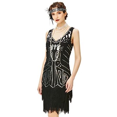 BABEYOND Flapperklänning, V-ringad, med pärlor och fransar, 20-talsklänning, Great Gatsby-klänning, Svart, M BABEYOND Flapperklänning, V-ringad, med pärlor och fransar, 20-talsklänning, Great Gatsby-klänning, Svart, M