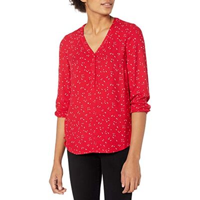 Amazon Essentials Women's Popover-skjorta med knapp och trekvartsärmar, Röd Lövigt blommig, S Amazon Essentials Women's Popover-skjorta med knapp och trekvartsärmar, Röd Lövigt blommig, S