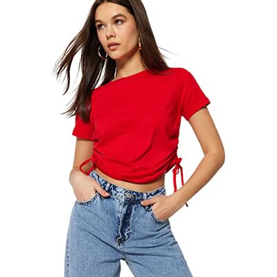 Trendyol Dam vanlig standard rundhalsad stickad T-shirt, Röd, S Trendyol Dam vanlig standard rundhalsad stickad T-shirt, Röd, S