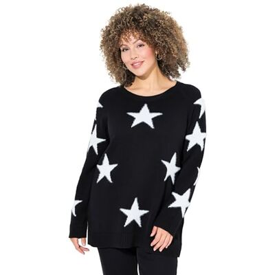 Ulla Popken damer stora storlekar överdimensionerade plus size tröja, glitterstjärnor, rund hals, raglan-långärmad, svart, 54/56 SE Ulla Popken damer stora storlekar överdimensionerade plus size tröja, glitterstjärnor, rund hals, raglan-långärmad, svart, 54/56 SE