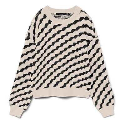 VERO MODA dam Vmlara Ls O-hals tröja Ga Boo Rep stickad tröja, Björk/detalj: w. Svart vågmönster, L VERO MODA dam Vmlara Ls O-hals tröja Ga Boo Rep stickad tröja, Björk/detalj: w. Svart vågmönster, L