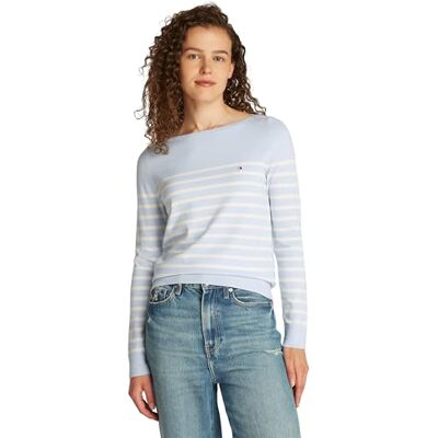 Tommy Hilfiger Dam CO Jersey Stitch Boat-NK tröja WW0WW40099, Blå (Breezy Blue/Ivory Petal Stp), XS Tommy Hilfiger Dam CO Jersey Stitch Boat-NK tröja WW0WW40099, Blå (Breezy Blue/Ivory Petal Stp), XS