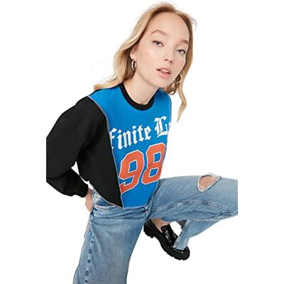 Trendyol Dam rund hals med slogan vanlig sweatshirt, svart, XS, Svart Trendyol Dam rund hals med slogan vanlig sweatshirt, svart, XS, Svart