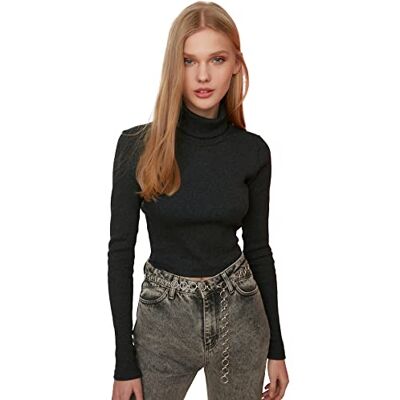 Trendyol Kvinnors antracit turtleneck finger detailed flyillate stickad blus, XL Trendyol Kvinnors antracit turtleneck finger detailed flyillate stickad blus, XL
