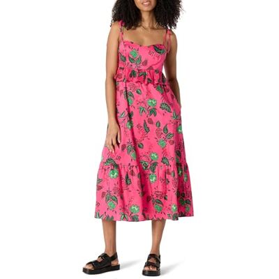 Amazon Essentials dam passform och utsvängd bomull satin imperium midja midi volang klänning, Het rosa röd lövblommig, XXS Amazon Essentials dam passform och utsvängd bomull satin imperium midja midi volang klänning, Het rosa röd lövblommig, XXS