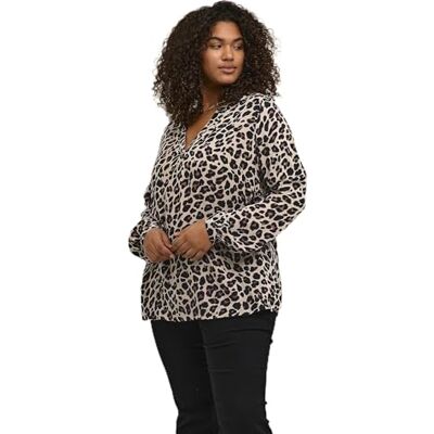 Kaffe Curve Plus-size dam blus långärmad avslappnad passform V-notch hals, leopardmönster, 50/Stor Kaffe Curve Plus-size dam blus långärmad avslappnad passform V-notch hals, leopardmönster, 50/Stor