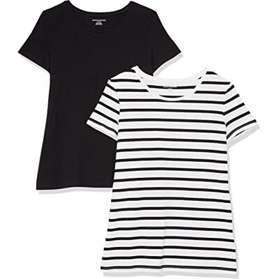 Amazon Essentials Women's Kortärmad T-shirt med rund hals klassisk passform, Pack of 2, Svart/Vit Rand, S Amazon Essentials Women's Kortärmad T-shirt med rund hals klassisk passform, Pack of 2, Svart/Vit Rand, S