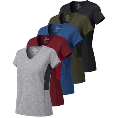 Real Essentials 5-pack: Kortärmad v-ringad t-shirt, träningskläder, dry-fit, vätskeavledande, yogatopp för kvinnor (finns i plusstorlek), Set 3, M Real Essentials 5-pack: Kortärmad v-ringad t-shirt, träningskläder, dry-fit, vätskeavledande, yogatopp för kvinnor (finns i plusstorlek), Set 3, M