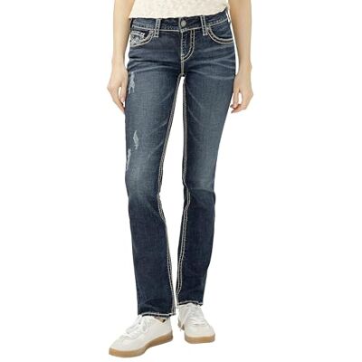 Silver Jeans Co. Silverjeans dam Suki Mid Rise raka ben jeans, Vintage mörk tvätt med Lurex stygn, 26W / 34L Silver Jeans Co. Silverjeans dam Suki Mid Rise raka ben jeans, Vintage mörk tvätt med Lurex stygn, 26W / 34L