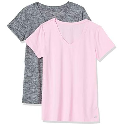 Amazon Essentials Dames Tech stretchig kortärmad V-ringad T-shirt (finns i plusstorlek), 2-Pack, Grå Rymdfärg/Ljusrosa, XXL Amazon Essentials Dames Tech stretchig kortärmad V-ringad T-shirt (finns i plusstorlek), 2-Pack, Grå Rymdfärg/Ljusrosa, XXL