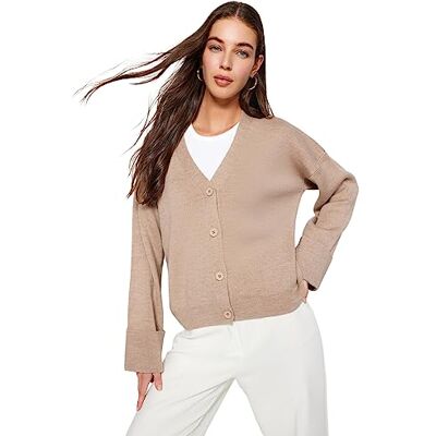 Trendyol FeMan normal passform basic v-ringad stickad kofta, kamel, S, Camel, S Trendyol FeMan normal passform basic v-ringad stickad kofta, kamel, S, Camel, S