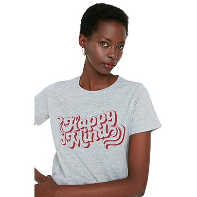 Trendyol Dam vanlig basic rundhalsad stickad T-shirt, Grått, L Trendyol Dam vanlig basic rundhalsad stickad T-shirt, Grått, L