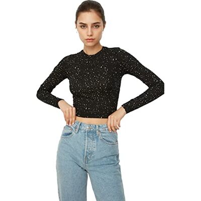 Trendyol Kvinnors svart crop stickad blus, XS Trendyol Kvinnors svart crop stickad blus, XS