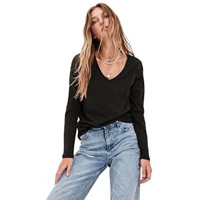 Trendyol Dam basic normal standard v-hals stickad T-shirt, Svart, XS Trendyol Dam basic normal standard v-hals stickad T-shirt, Svart, XS