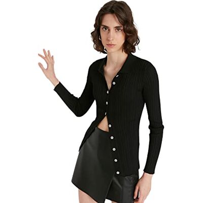 Trendyol Figursydd figursydd polokrage stickad cardigan, Svart, S Trendyol Figursydd figursydd polokrage stickad cardigan, Svart, S