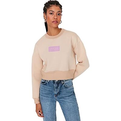 Trendyol Dam vanlig basic rund hals stickad tröja, BEIgE, S Trendyol Dam vanlig basic rund hals stickad tröja, BEIgE, S