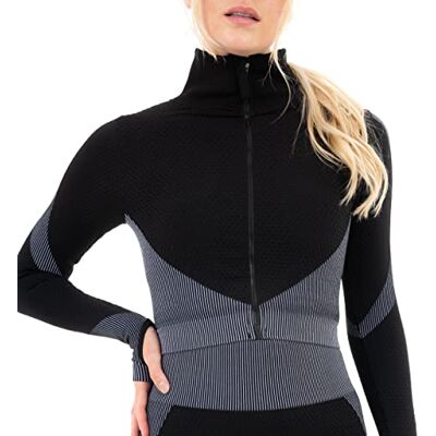 M17 Dam långärmad gymkläder sportkläder, kvinnor sport dragkedja elastisk randig jacka med tumhål, perfekt outfit för träning, Svart/grå, M M17 Dam långärmad gymkläder sportkläder, kvinnor sport dragkedja elastisk randig jacka med tumhål, perfekt outfit för träning, Svart/grå, M