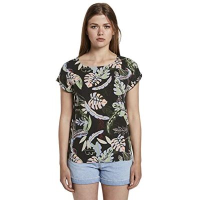 TOM TAILOR Denim Damer Kortärmad tunika blus med ryggdetalj 1018683, 22710 Black Tropical Print, XS TOM TAILOR Denim Damer Kortärmad tunika blus med ryggdetalj 1018683, 22710 Black Tropical Print, XS